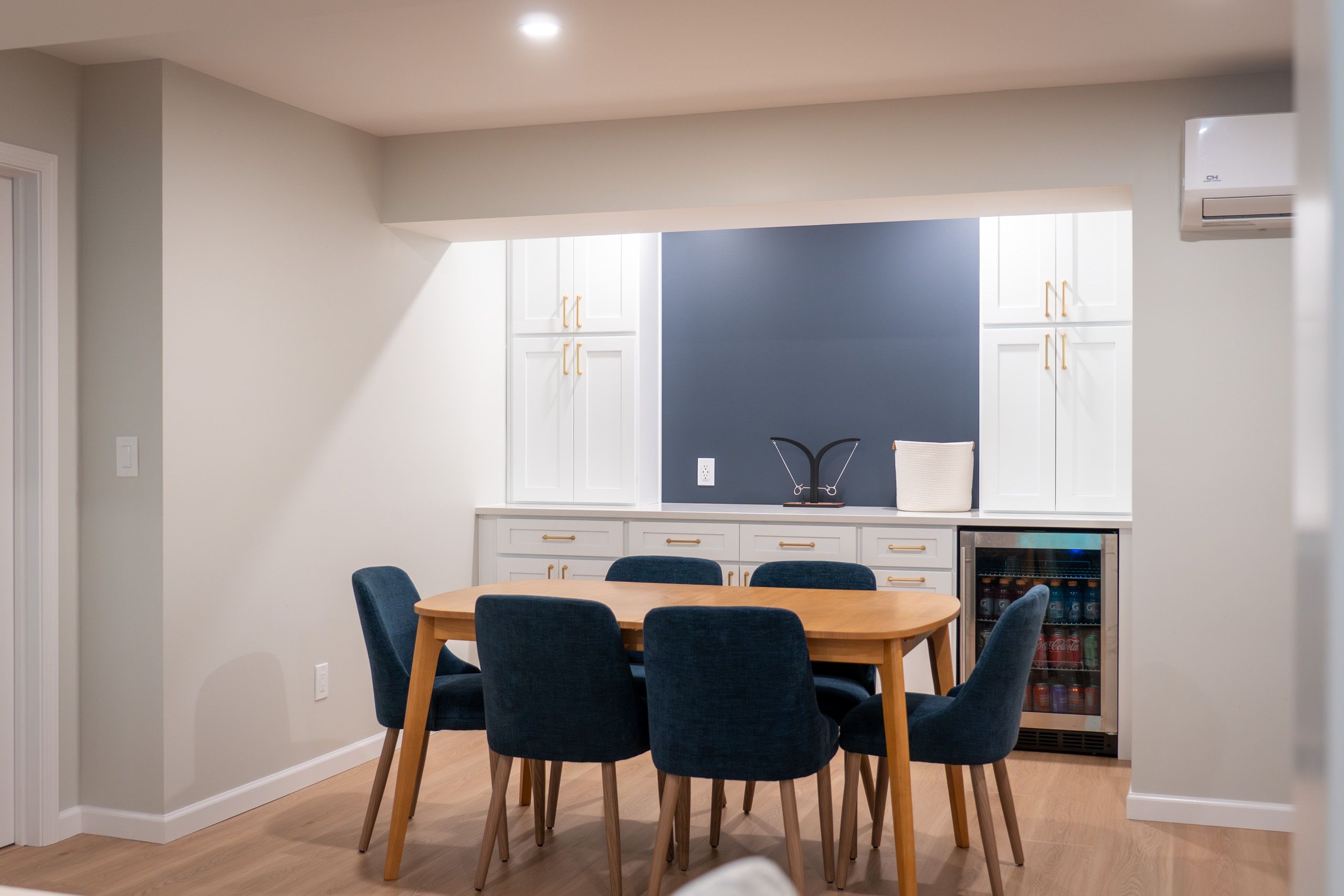 Table with a dry bar behind it