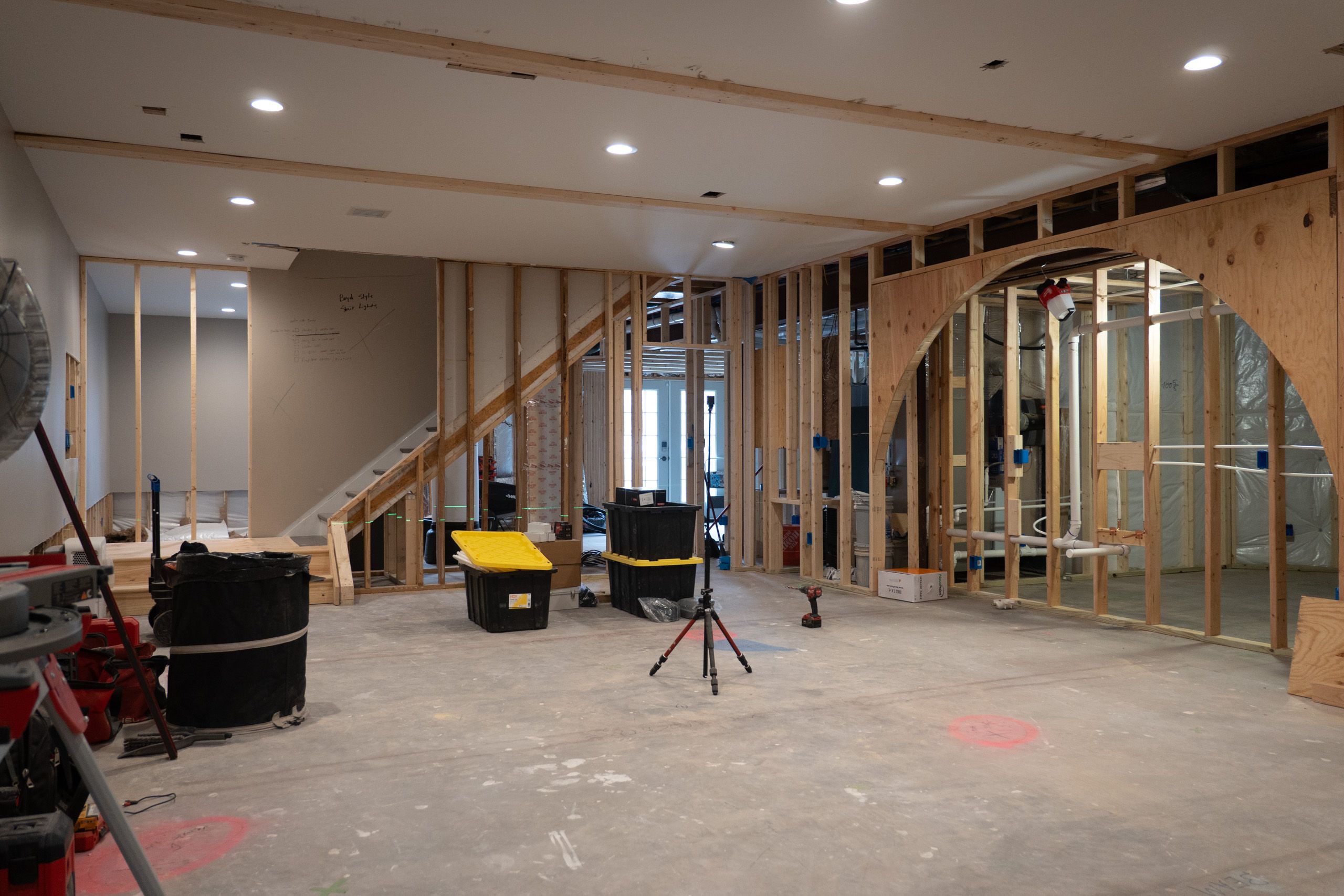 Stairs and wet bar during framing
