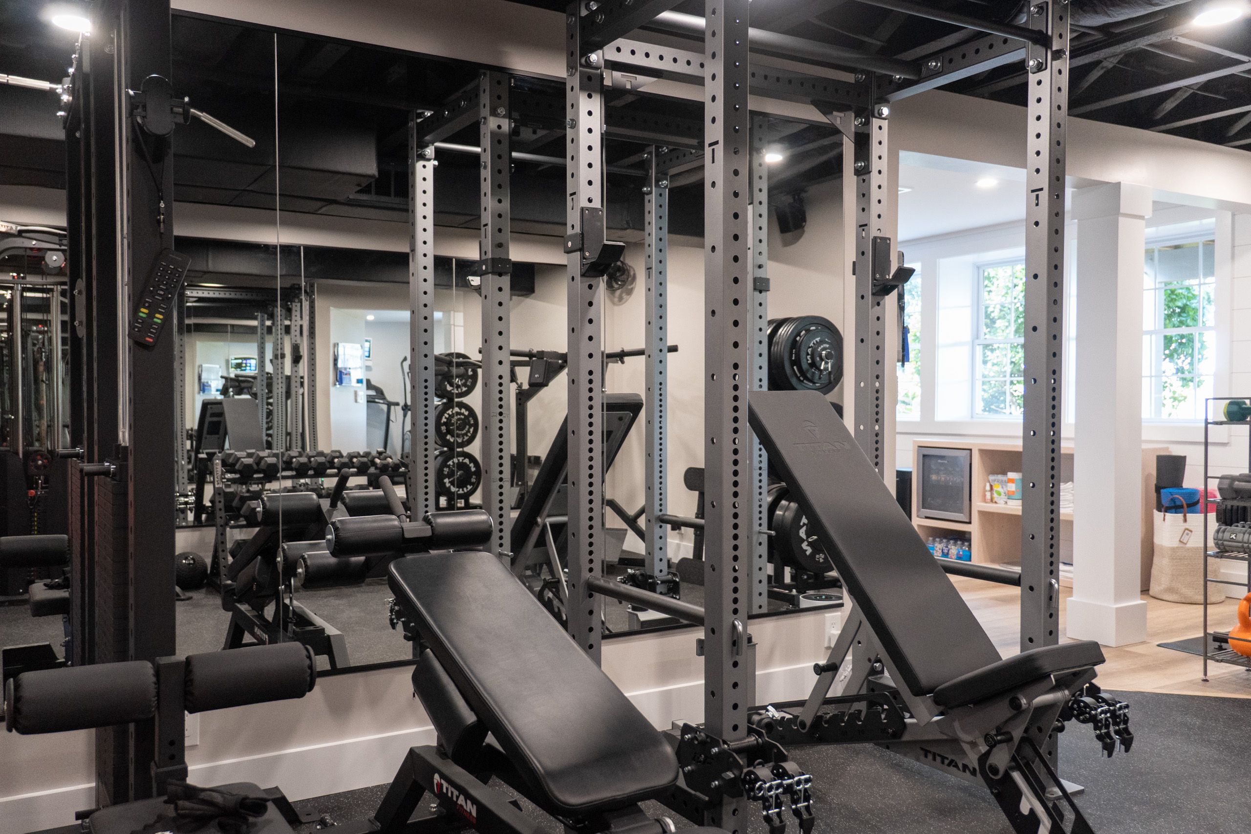 Gym with large wall mirror