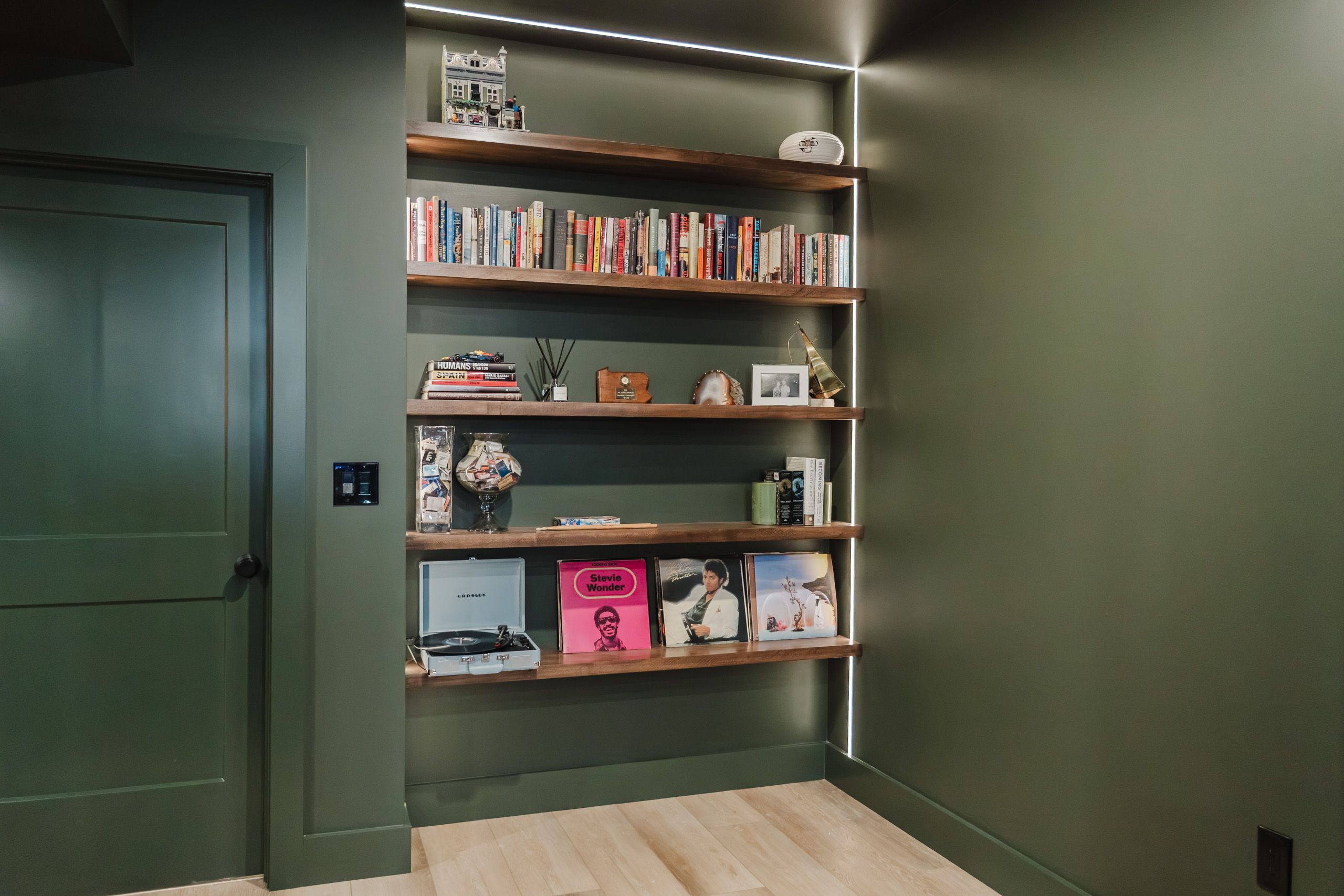 Bookshelves with strip lighting