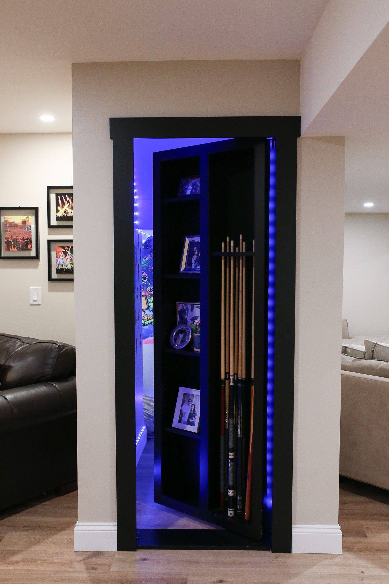 pool cue rack hidden door opening up into the kids’ secret room