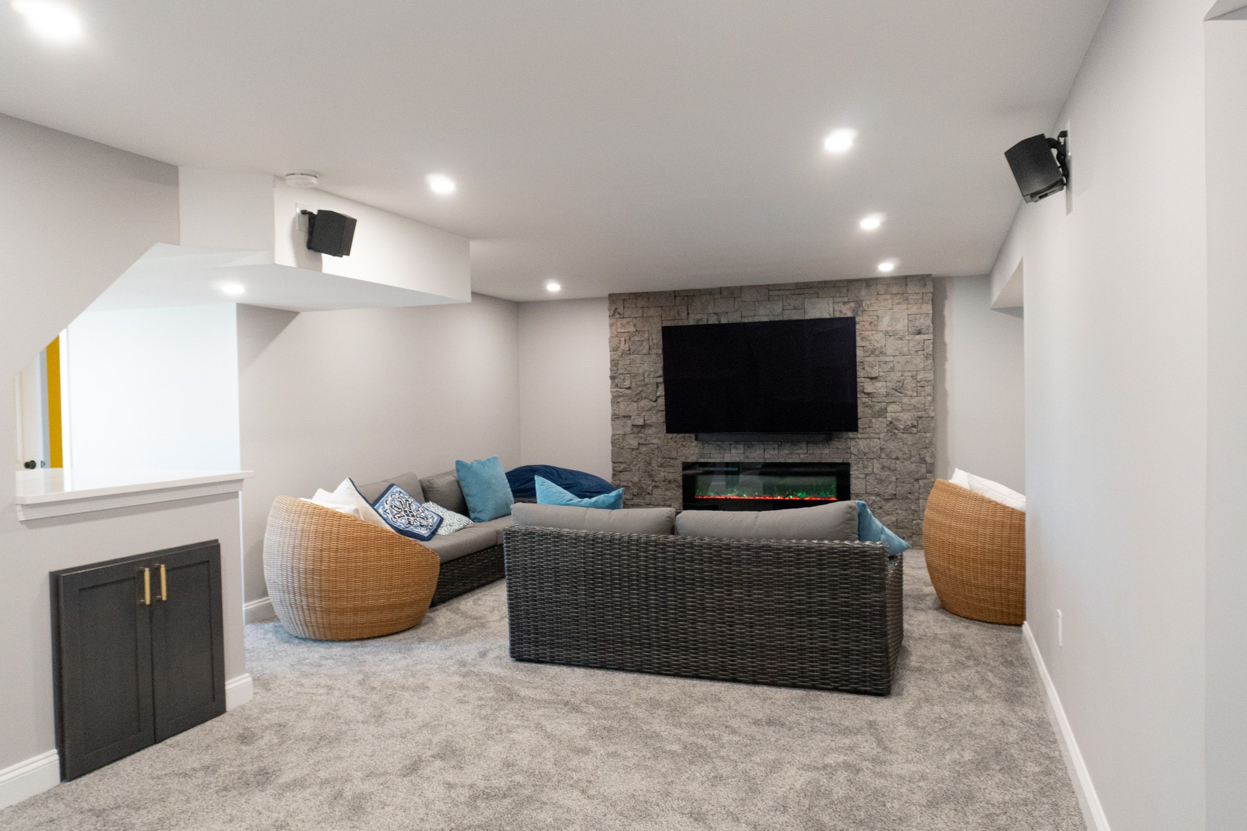 The entertainment area in a newly finished basement