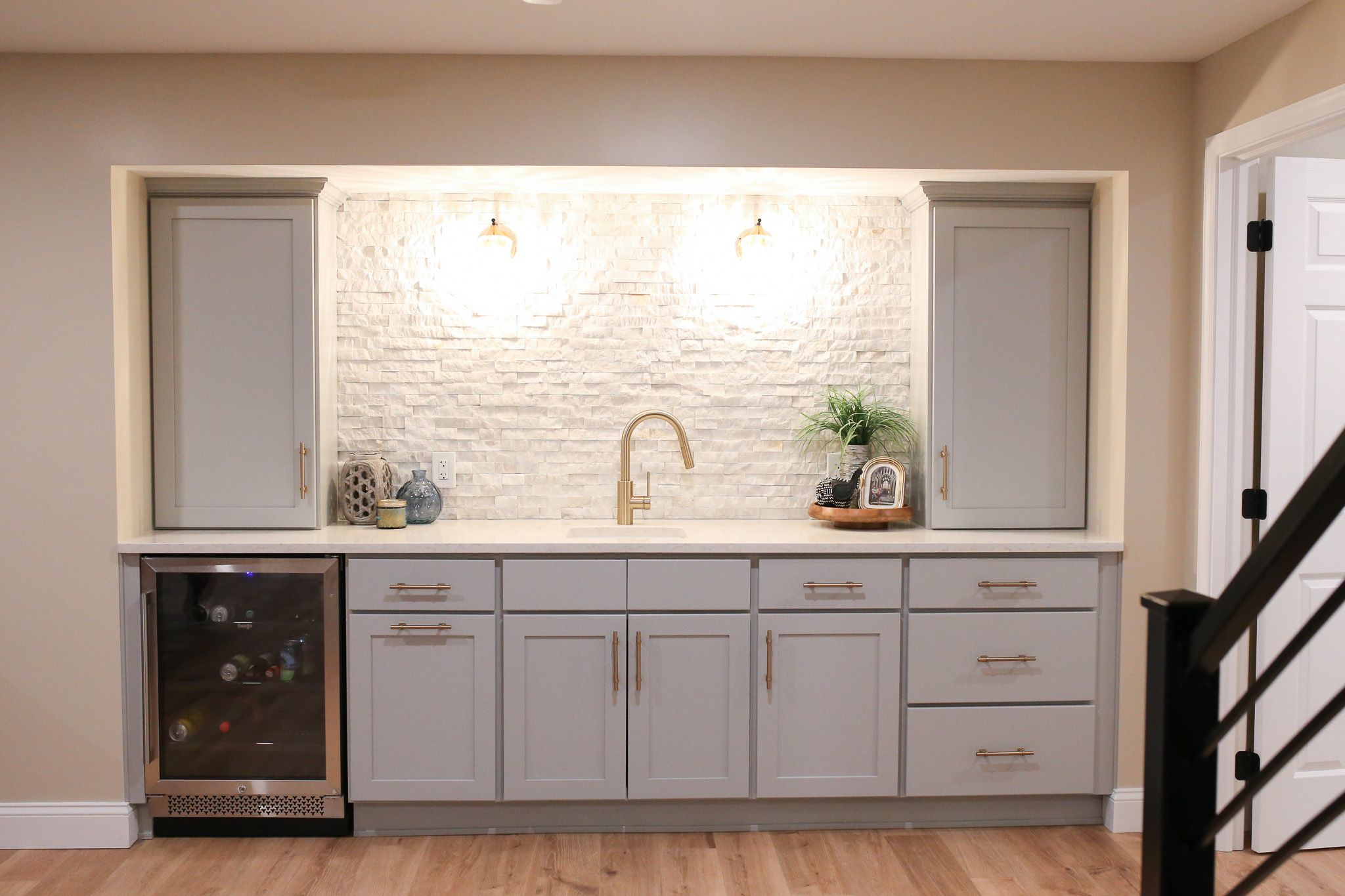 wet bar in a newly remodeled basement