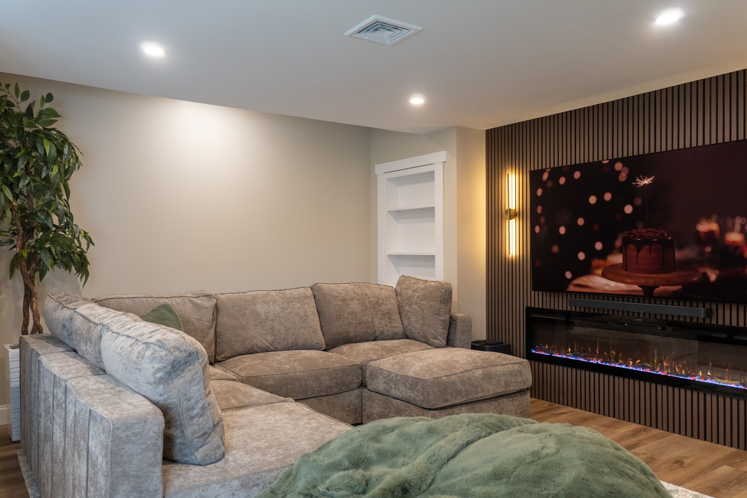 Couch by the entertainment center