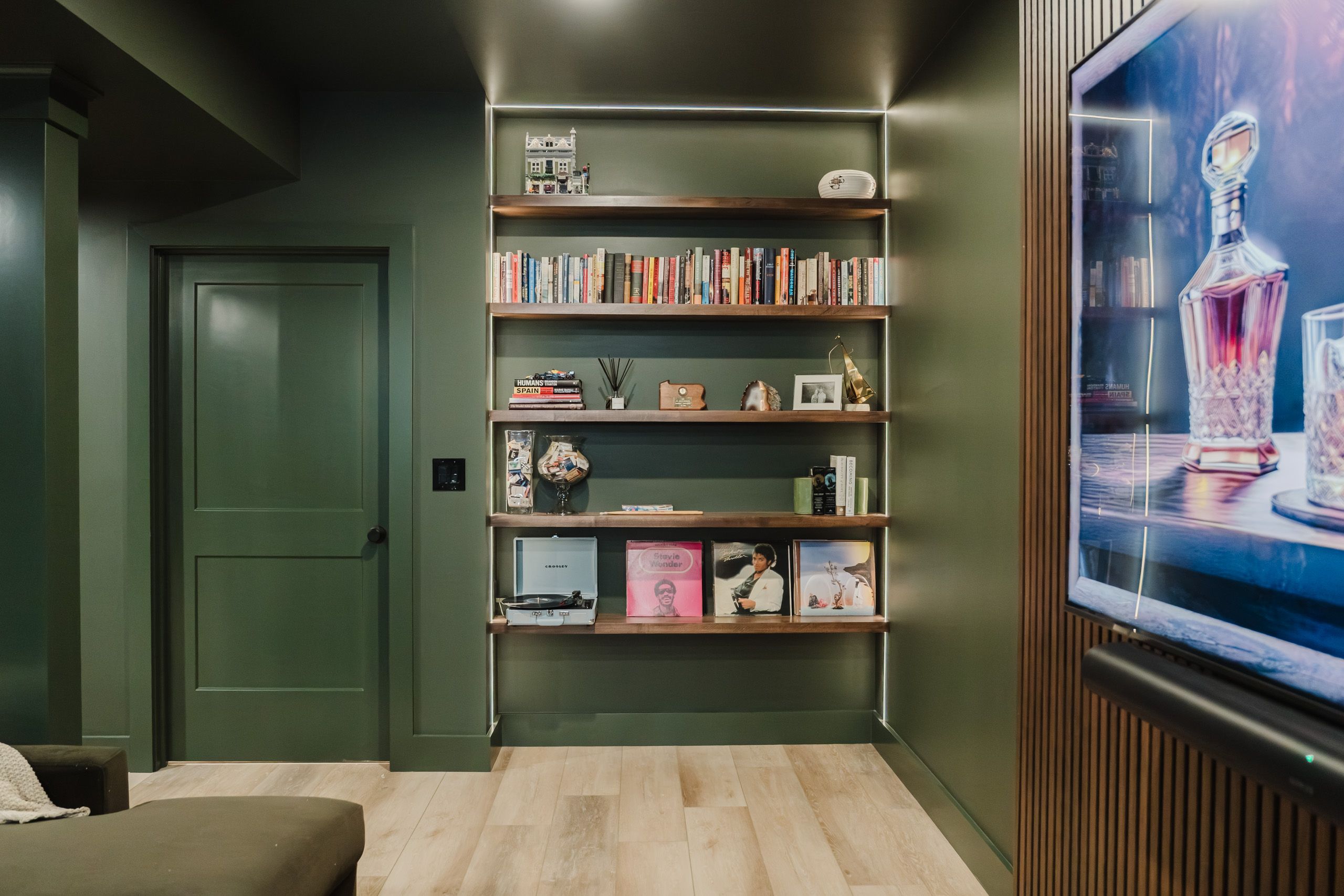 Bookshelves with strip lighting