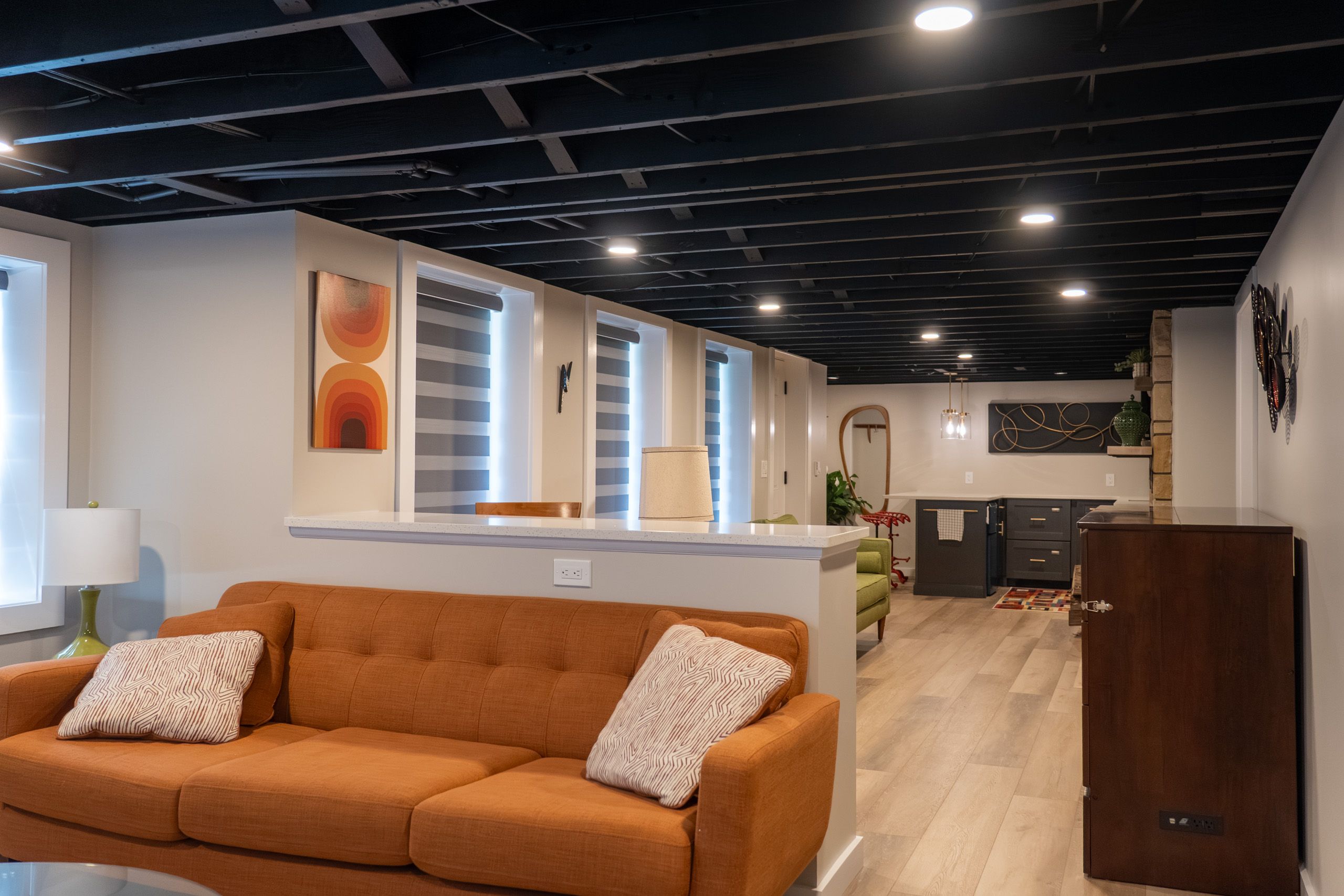 Wide shot of the finished basement