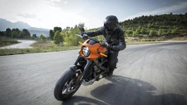 Un motard sur Harley Davidson photographié dans un virage