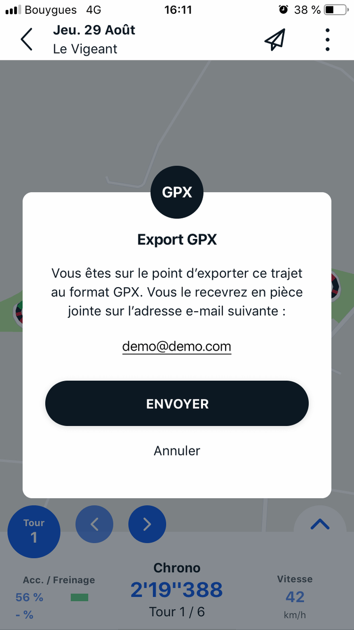 export gpx : Click sur send in order to receive the file on your email account