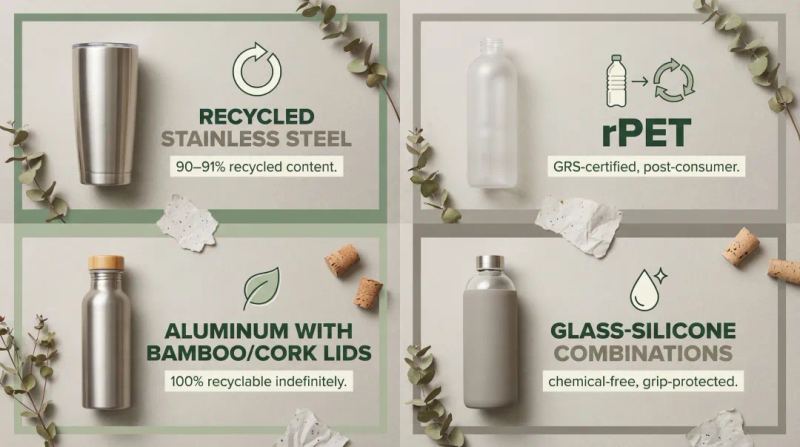 Four sustainable drinkware materials comparison infographic for 2026 promotional products