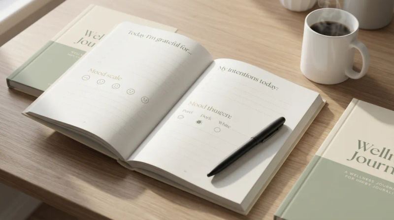 Branded wellness journal open to gratitude and goal-setting prompts on desk