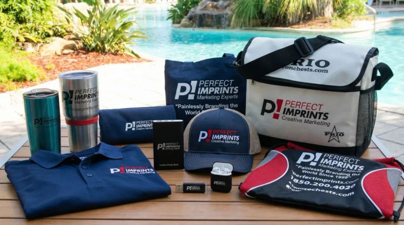 Perfect Imprints branded promotional products showcasing multiple decoration methods and product categories