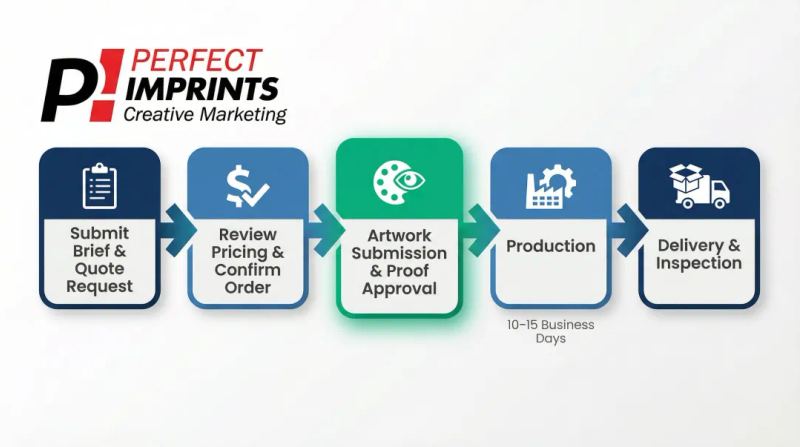 Custom merchandise ordering process five-step timeline from brief to delivery
