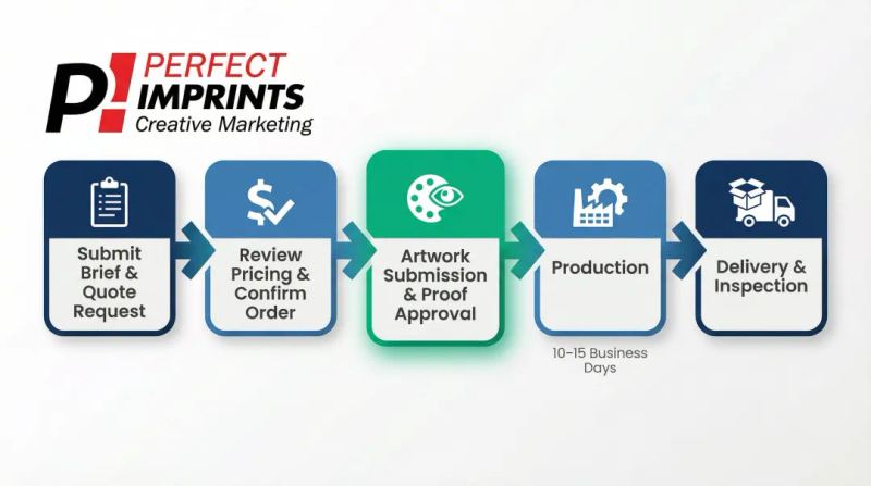 Custom merchandise ordering process five-step timeline from brief to delivery