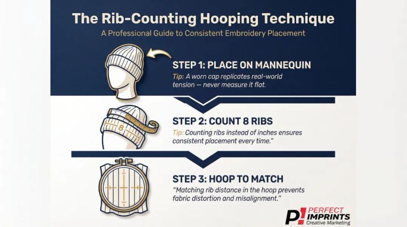 3-step rib-counting technique for correct knit cap hooping tension