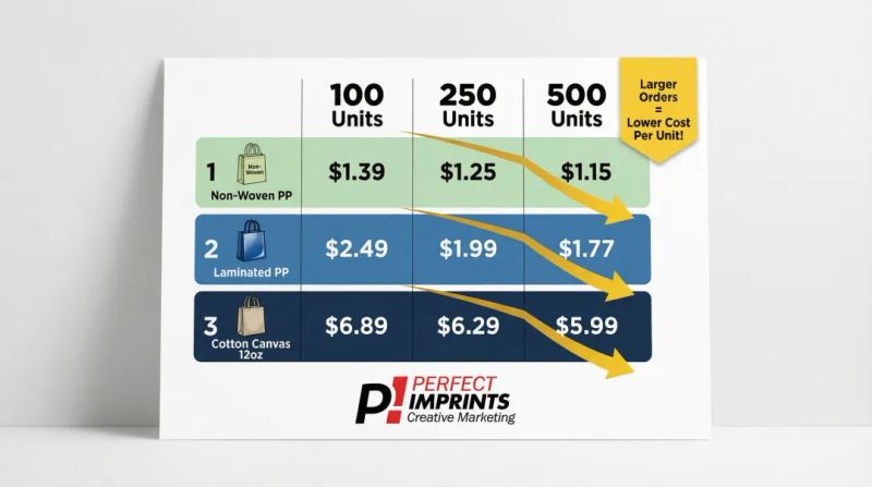 Trade show tote bag pricing tiers by material type and order quantity comparison
