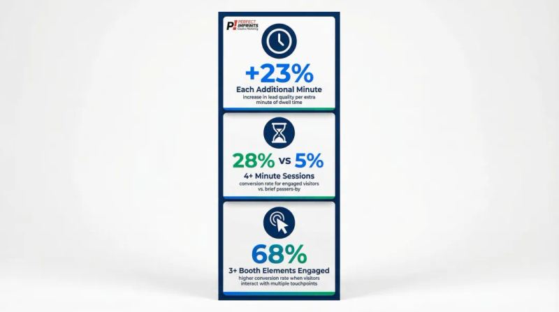 Trade show booth dwell time and lead conversion rate statistics comparison infographic