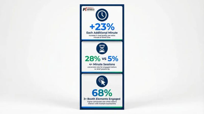 Trade show booth dwell time and lead conversion rate statistics comparison infographic