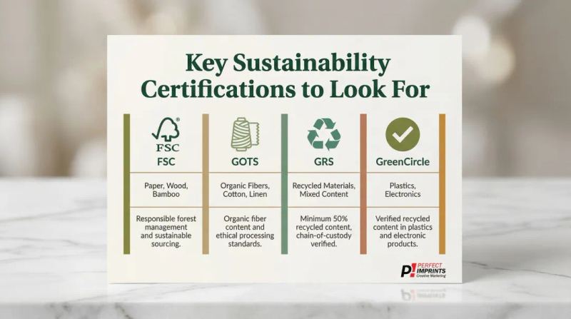 FSC GOTS GRS GreenCircle sustainability certification comparison table for corporate gifts