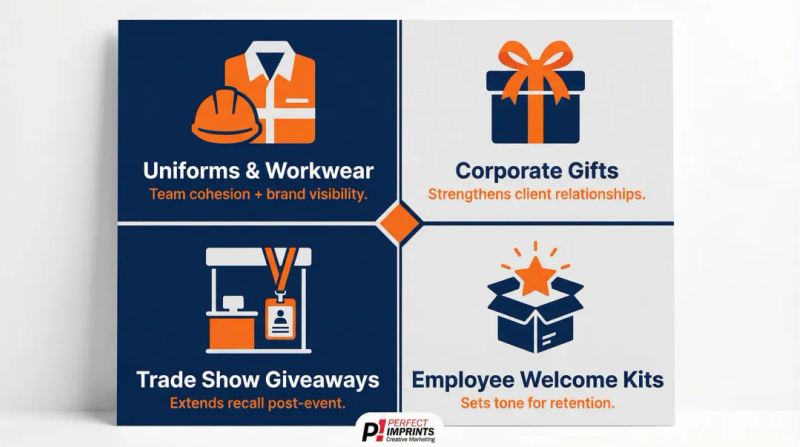 Four branded merchandise use cases ROI comparison infographic for businesses