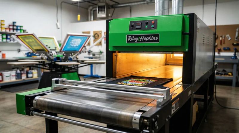 Conveyor dryer curing screen printed t-shirts at correct temperature