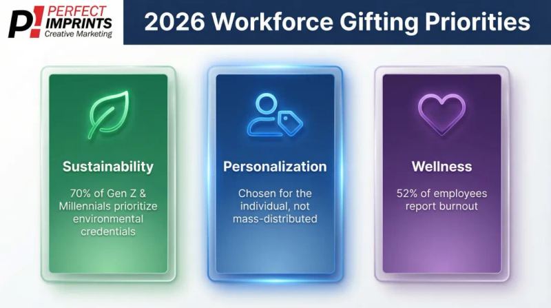 Three 2026 employee gift priorities sustainability personalization and wellness infographic