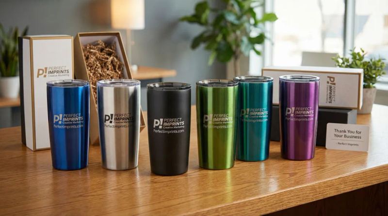 Custom branded insulated tumblers with laser engraved company logo gift display