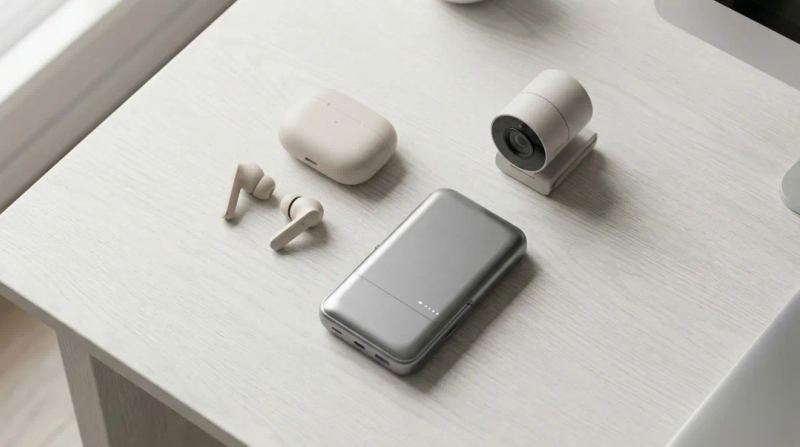 Premium tech accessories wireless earbuds power bank and webcam for remote employees