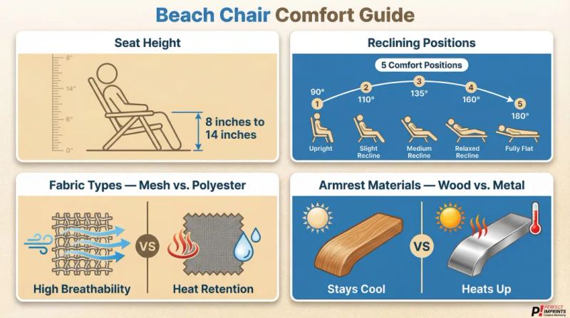 Beach chair comfort factors comparison including seat height recline and fabric types