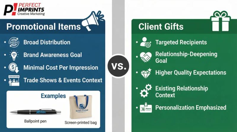 Promotional items versus client gifts side-by-side comparison infographic
