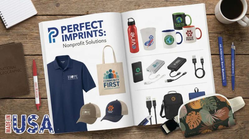 Perfect Imprints product catalog showing custom nonprofit branded merchandise options