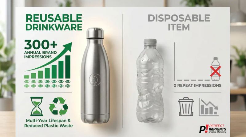 Reusable bottle generating 300-plus annual brand impressions versus disposable item infographic