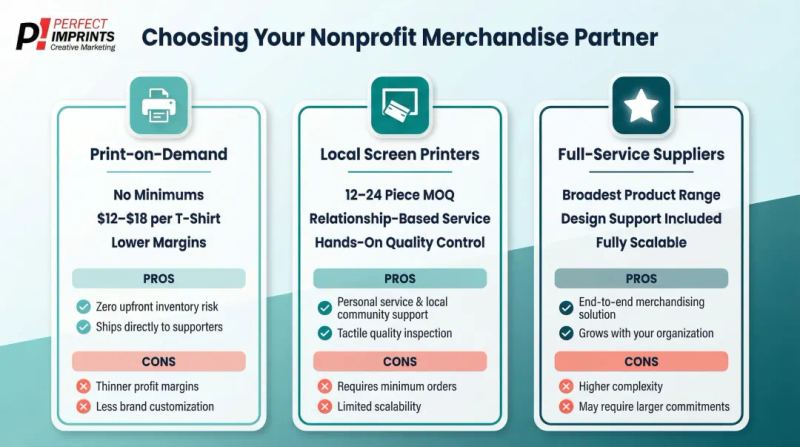Three nonprofit merchandise partner types comparison chart with pricing and minimums