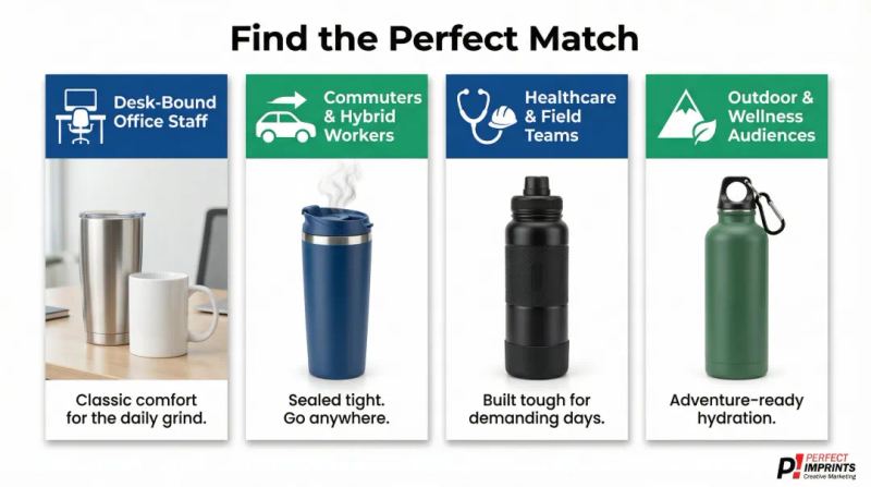 Corporate drinkware audience lifestyle matching guide for four recipient types