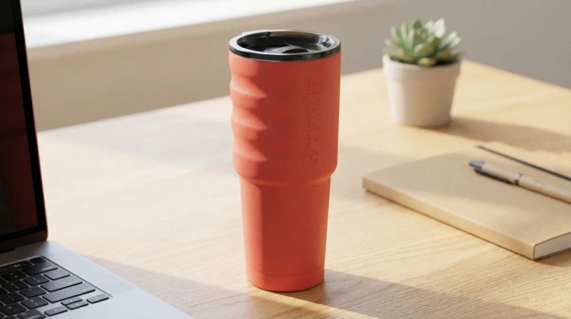 Branded insulated tumbler with ergonomic handle contoured grip and slip-resistant base