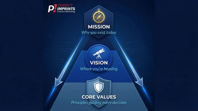 Brand strategy foundation three elements mission vision and core values diagram