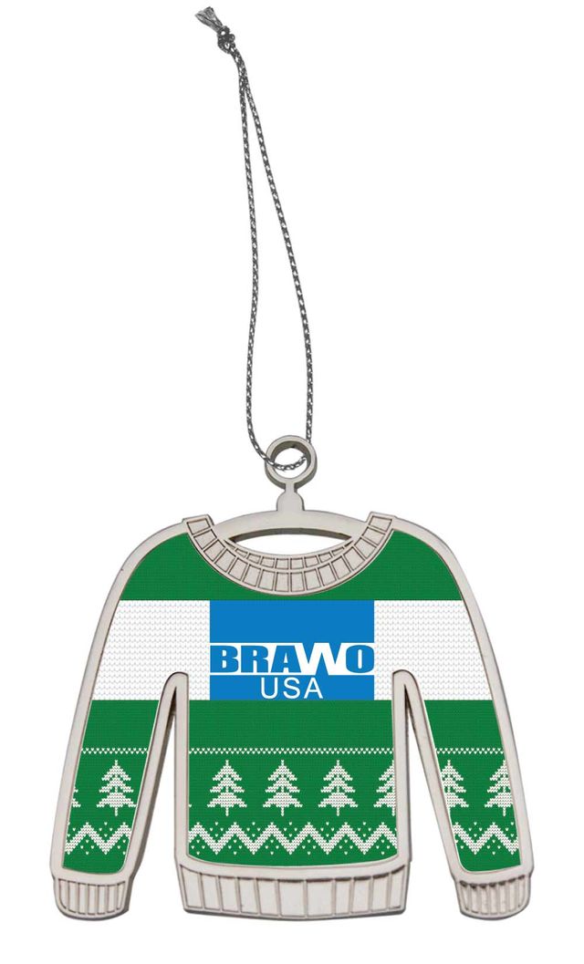 Full-color printed ugly sweater-shaped metal ornament with green ugly sweater design and a company logo on the front.