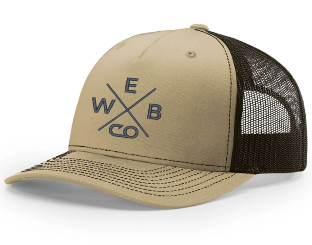 Khaki trucker cap with a dark brown mesh back and a crossed-line company monogram embroidered in dark gray thread on the front panel