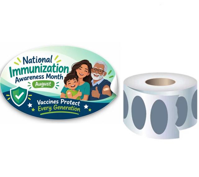 Oval stickers on a roll with a multi-color awareness design for National Immunization Awareness Month