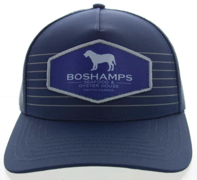 Navy trucker cap with thin tan pinstripes and a hexagonal woven patch showing a dog silhouette and the restaurant's name stitched to the front