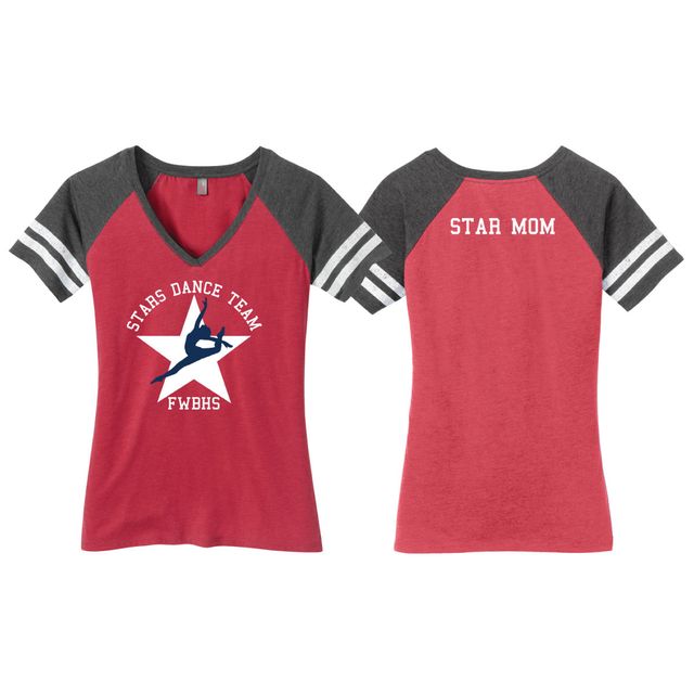 Front and back of a women's red V-neck raglan tee with charcoal striped sleeves, a dancer silhouette in a white star and Star Mom on the back