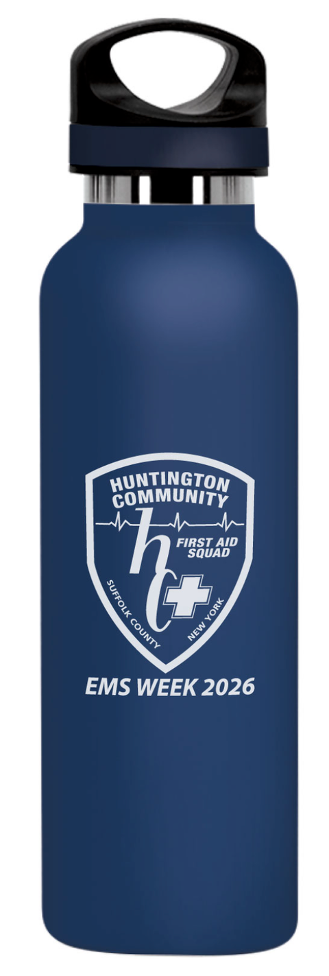 Navy blue insulated stainless steel bottle with a black loop cap, printed in white with a first aid squad's shield logo and EMS Week