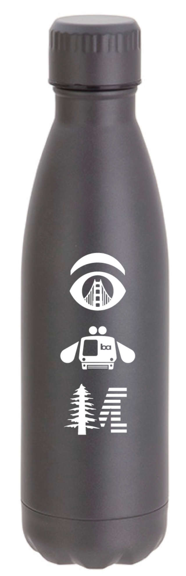 Matte gray cola shaped insulated stainless steel bottle printed in white with three stacked icons: a bridge, a train and a tree