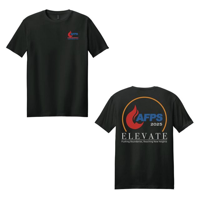 Front and back of a black t-shirt with a small flame logo on the left chest and a large logo, year and Elevate slogan across the back