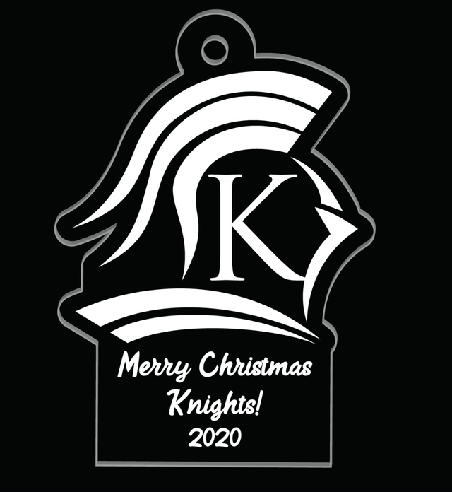 Artwork proof for a die-cut acrylic ornament shaped like a knight mascot with a letter K, shown as white artwork on a black background
