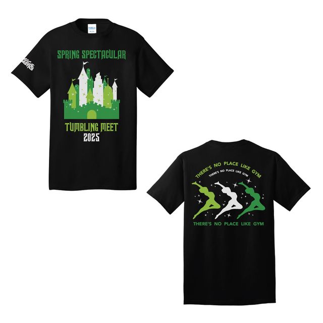 Front and back of a black t-shirt with a green castle graphic and tumbling meet lettering on the front, and three gymnast silhouettes on the back