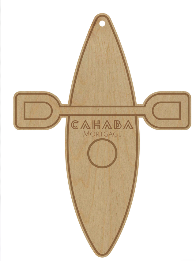 Kayak shaped natural wood ornament with a paddle across it, laser engraved with a mortgage company's name