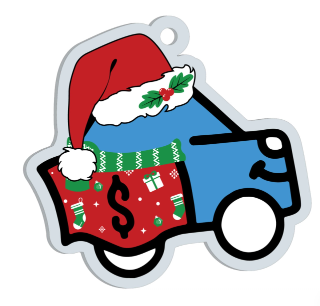 Die-cut clear acrylic ornament printed with a cartoon blue car wearing a Santa hat and a red holiday sweater with a dollar sign