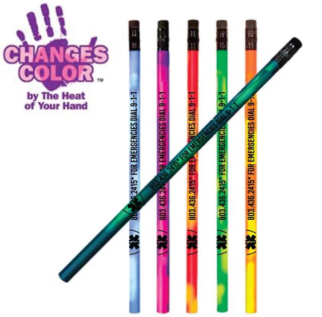 Five color-changing pencils in blue, pink, red, green, and orange with black text printed on the barrel for an EMS agency.