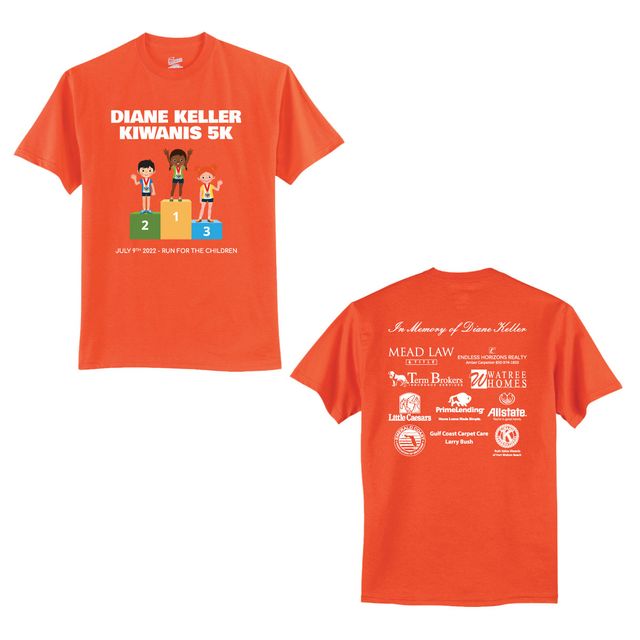 Front and back of an orange charity 5K t-shirt showing three children on a winners' podium, with sponsor logos printed in white on the back