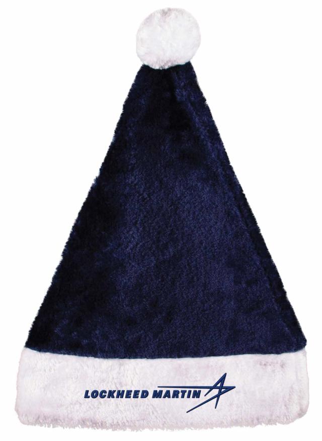 Blue and white plush Santa hats with embroidered blue logo on the front white brim.